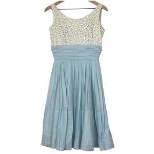 VTG MISS ELLIETTE Midi Ruched Waist Lace Midi Dress Sz 4 S 33" Blue Ivory Pleats